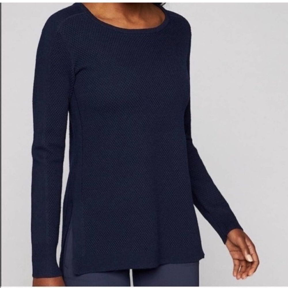 Athleta Honeycomb Merino Wool Blend Tunic Pullover Navy Sweater Size Small